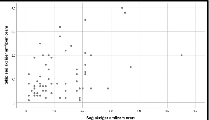 Grafik 3: Sağ akciğer amfizem oranı ilk ve takip BT arasındaki korelasyon 