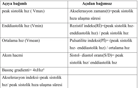 Tablo 11 : Sık kullanılan spektral doppler ölçümleri 