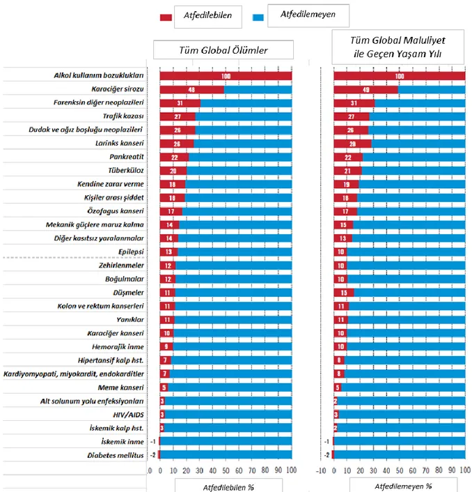 Şekil 2. Seçili ölüm, hastalık ve yaralanma nedenlerinin alkole atfedilebilir fraksiyonları, 2016  (38)