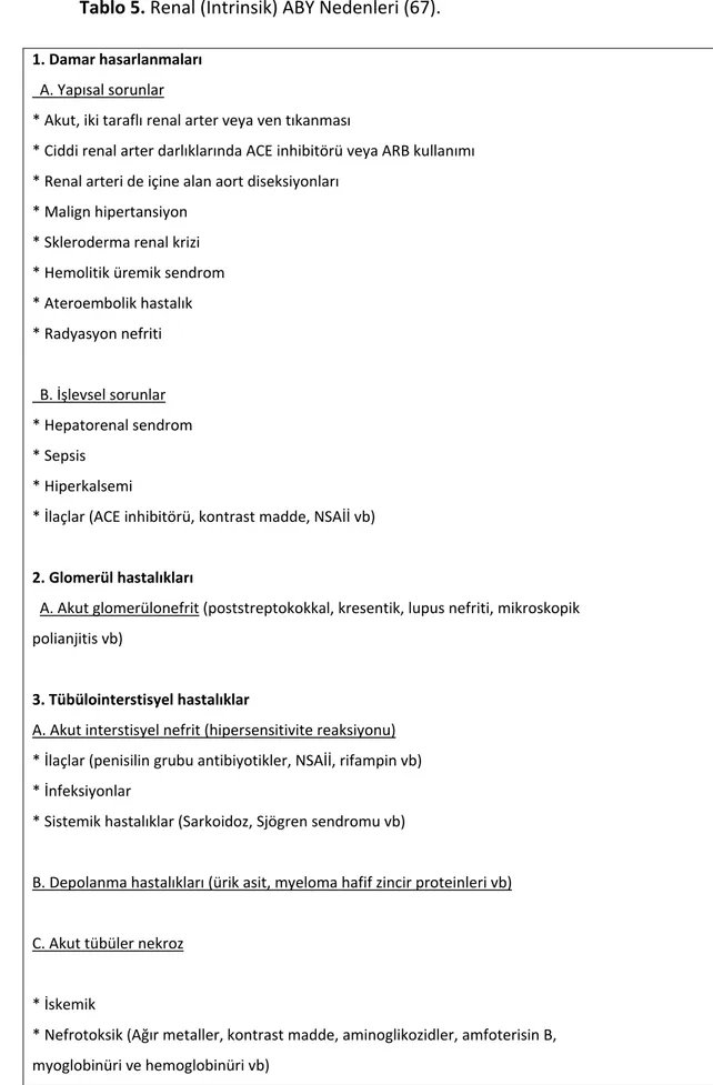 Tablo 5. Renal (İntrinsik) ABY Nedenleri   (67).   1. Damar hasarlanmaları    A. Yapısal sorunlar  * Akut, iki taraflı renal arter veya ven tıkanması  * Ciddi renal arter darlıklarında ACE inhibitörü veya ARB kullanımı  * Renal arteri de içine alan aort di