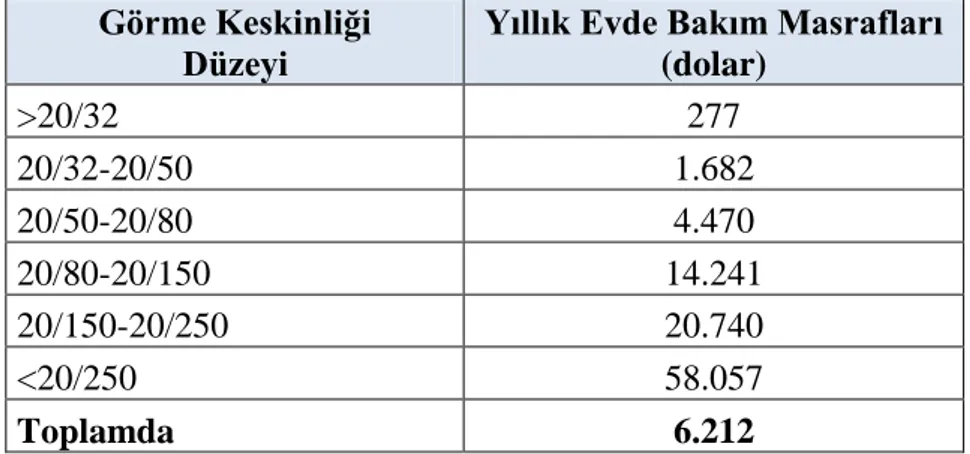 TABLO 8: Görme kaybı ile ilişkili evde yıllık bakım masrafları [98]  8.3. ĠNDĠREKT HARCAMALAR 