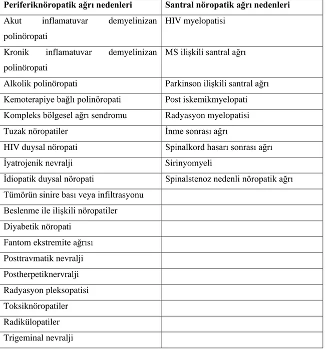 Tablo 2: Nöropatik ağrının sebepleri (54) 