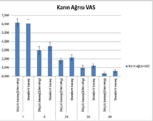 Grafik 4: Düşük ve standart basınç gruplarının farklı zaman dilimlerinde VAS ile  değerlendirilmiş karın ağrısı açısından karşılaştırılması 