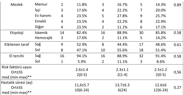 Tablo 5 Ölçülen parametrelerin başlangıç değerlerinin karşılaştırılması 