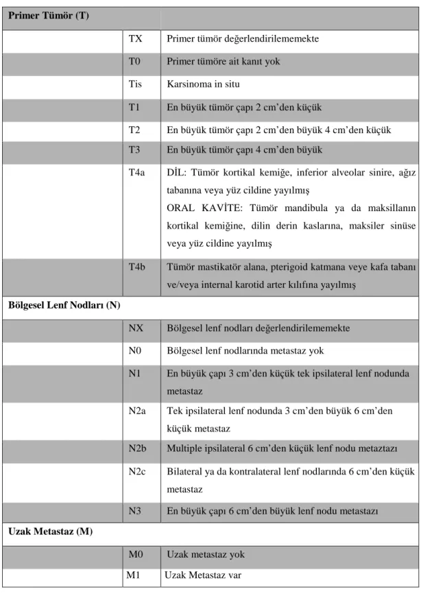 Tablo 3. Oral kavite ve Dil Kanserlerinin TNM Sınıflandırması 