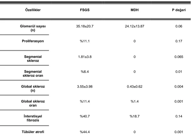 Tablo 8: MDH ve primer FSGS’de karşılaştırmalı böbrek biopsi histopatolojik özellikleri 