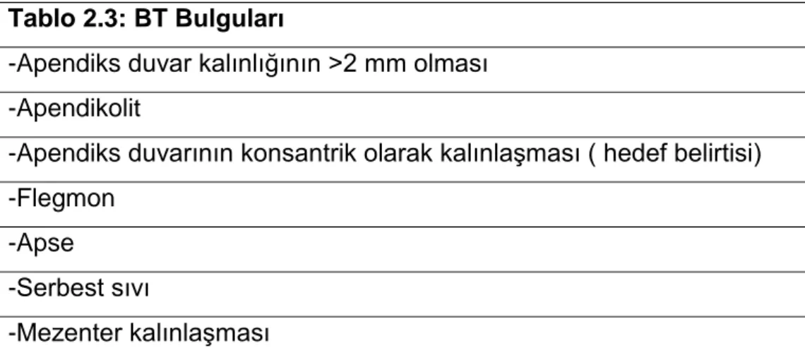 Tablo 2.3: BT Bulguları 