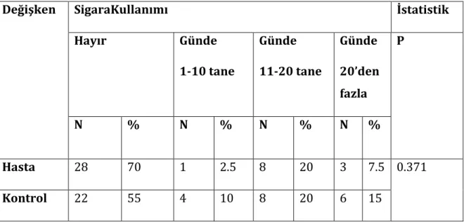 Tablo 13. Hasta ve Kontrol Gruplarının  Sigara Kullanım Miktarı Açısından İncelenmesi 