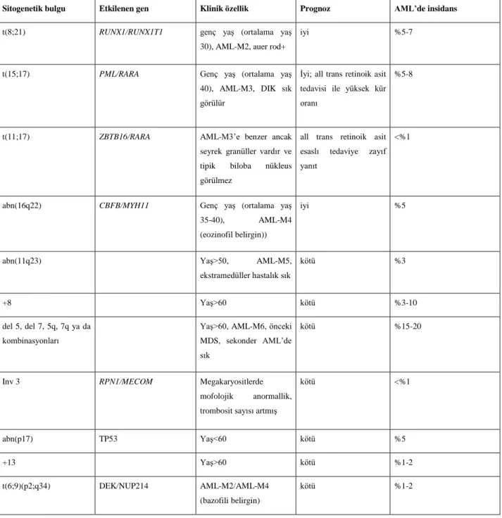Tablo 2.8. AML‟de Sitogenetik Özellikler 