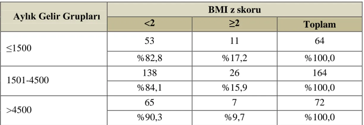 Tablo 4.19. Çalışmadaki çocukların ailelerinin aylık gelirine göre BMI z skoru değerleri 