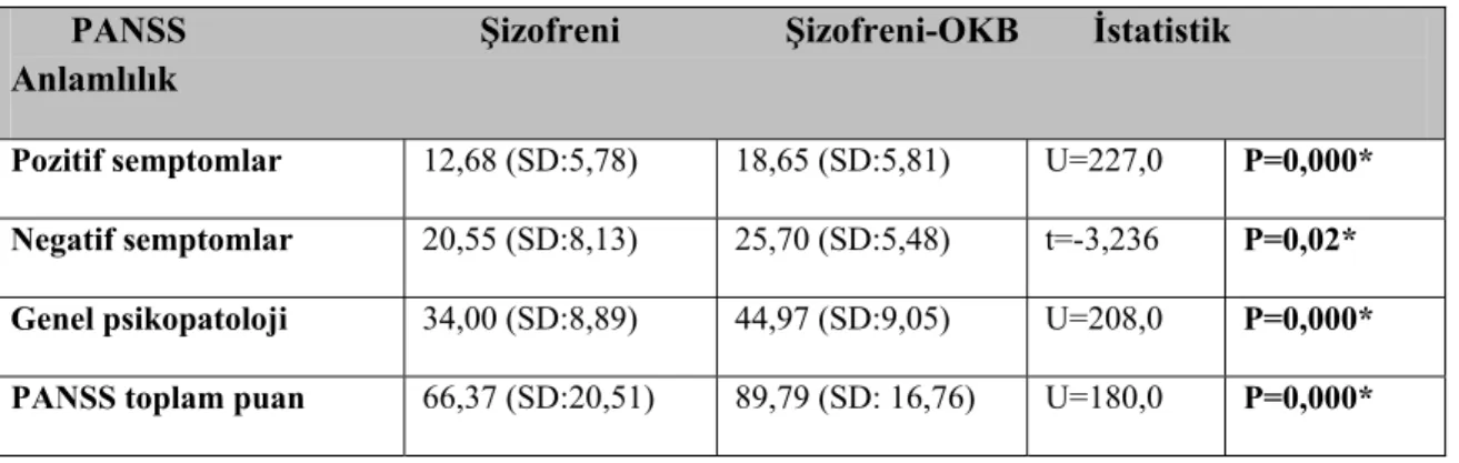 Tablo 14: PANNS toplam puanı ve alt ölçek puanları yönünden iki grubun  karşılaştırılması 