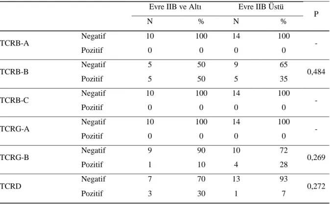 Tablo 12.  Çalışma grubundaki hastalarda evreye göre T hücre reseptörü ve alt gruplarının 