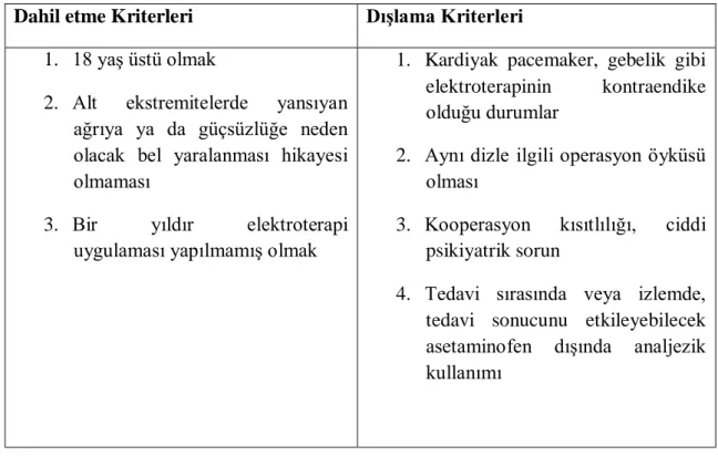 Tablo 1 Dahil Etme ve Dışlama Kritleri 