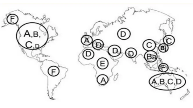 Şekil 6. Dünyada HBV genotiplerinin dağılımı  