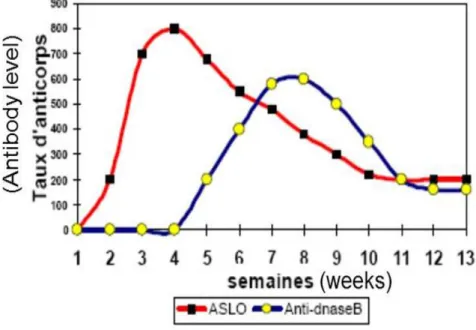 Şekil 1: GAS enfeksiyonu sonrası ASO ve Anti-DNAase b antikor düzeyi değişikliği 