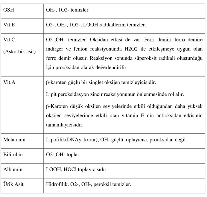 Tablo 8 - Enzimatik olmayan antioksidanlar (231-234) 