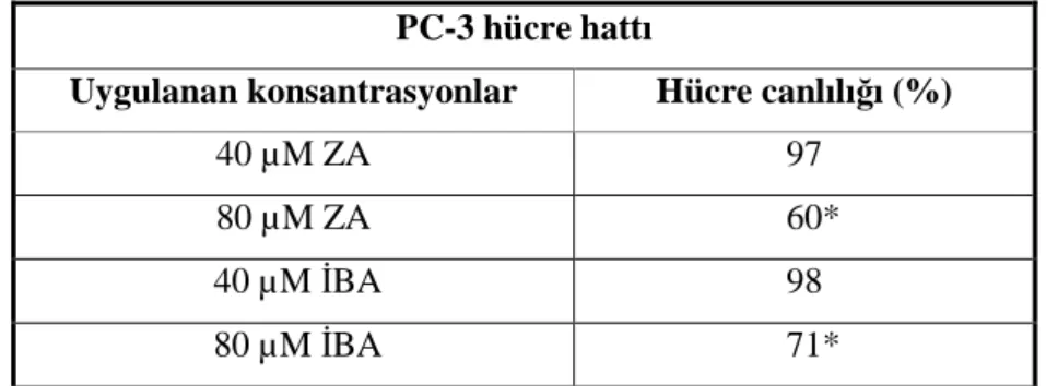 Tablo 2. PC-3 hücre hattında zoledronik asit (ZA) ve ibandronat (İBA) uygulanması sonrası  hücre canlılığı (*ANOVA, p&lt;0,05) 