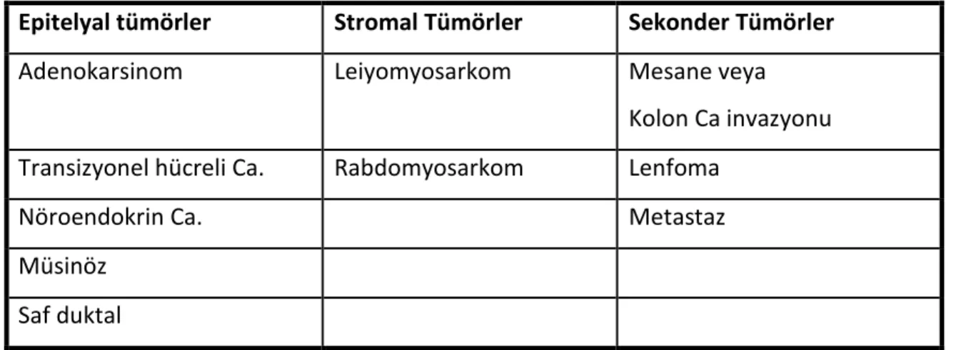 Tablo 1: Prostat kanserlerinin patolojik sınıflaması 
