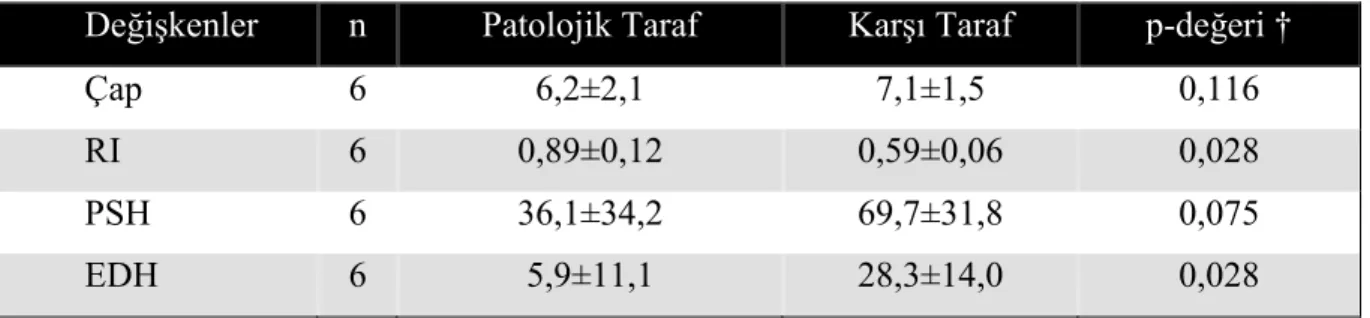 Tablo  2.  Dolaylı  RDUS  Bulguları  ile  İKA’nın  İntrakraniyal  Segmentinde  Stenookluziv  Patoloji Düşünülen Olguların Patolojik ve Karşı Taraf İKA’daki RDUS Bulguları  