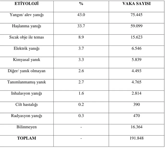 Tablo 1. Yanık olgularının etiyolojik sınıflandırması [28]  