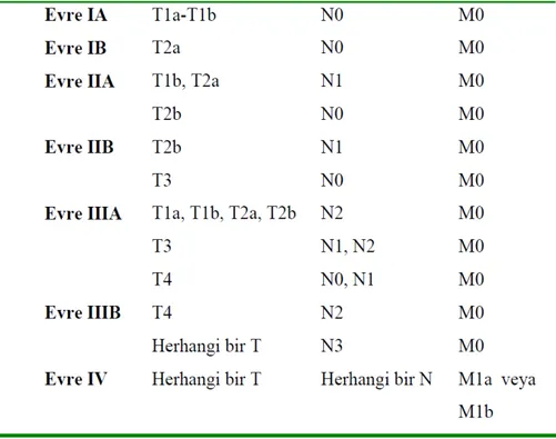 Tablo 7. TNM sınıflamasına göre akciğer kanserinde evreleme (22) 