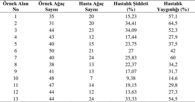 Tablo  4.2.  Örnek  alanlarda  incelenen  Uludağ  göknarlarında  hastalık  etmeninin  bulunma  sıklıkları (%) ve hastalık şiddetleri (%) 
