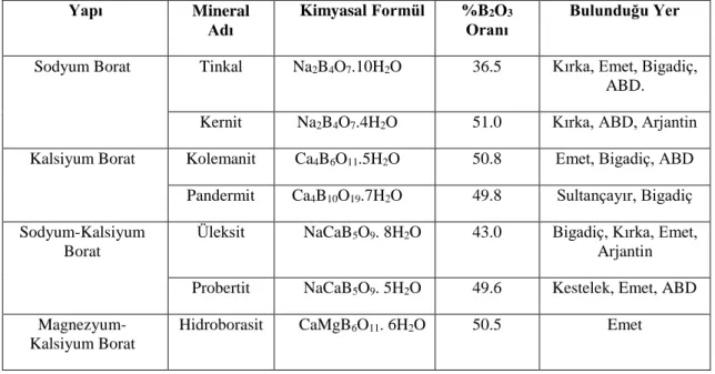 Tablo 3.4. Ticari öneme sahip bor mineralleri 