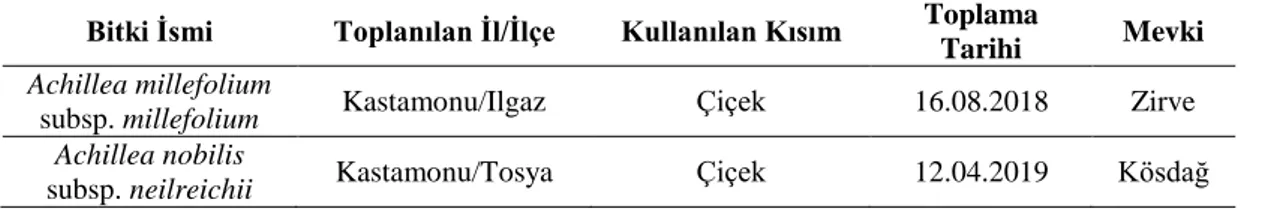 Tablo 3.3. Bitki türleri, lokaliteleri, rakımı, kullanılan kısımları ve toplanma tarihi  Bitki İsmi               Toplanılan İl/İlçe  Kullanılan Kısım  Toplama    