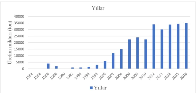 Grafik 1.1. Yıllara göre Türkiye mantar üretim miktarı (FAO, 2019). 
