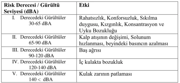 Tablo 2.1. Gürültü risk dereceleri ve insan üzerine olan etkileri (Oruç, 2017).   Risk Derecesi / Gürültü 