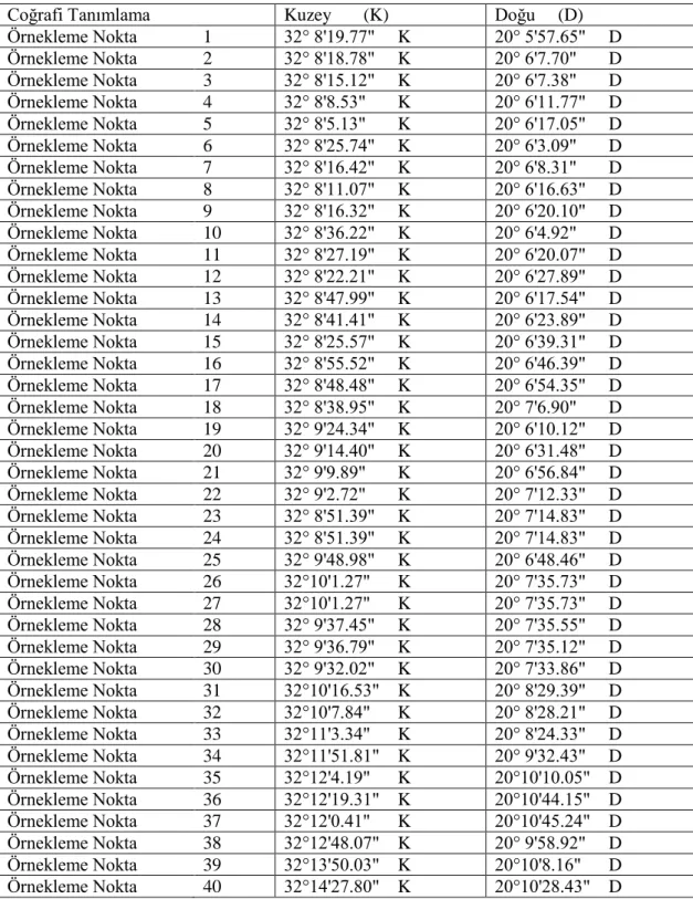 Tablo 3.1. Örnekleme noktaları 
