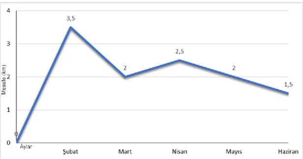 Grafik  3.5.  SB02  No’lu  bireyin  aylık  toplam  noktalar  arası  ortalama  mesafesini  gösteren  grafik 