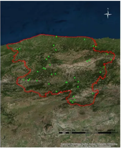 Şekil 3.2. Anket çalışması gerçekleştirilen orman köylerinin Google Earth üzerinde gösterimi 