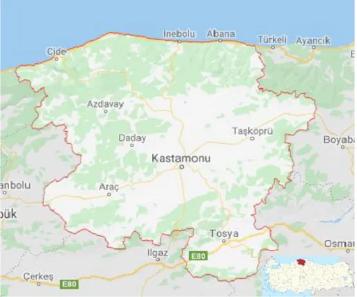 Şekil 3.1. Kastamonu ili alanı ve Türkiye haritasındaki konumu  3.2. Kastamonu İlinin İklimsel Özellikleri 