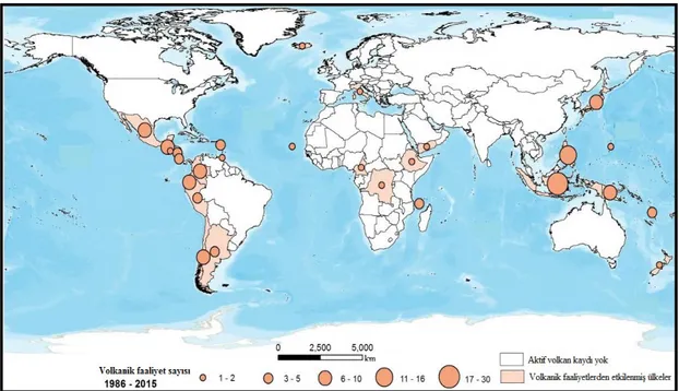 Şekil 2.7. 1986- 2015 yılları arasında Dünya’da meydana gelen volkanik  faaliyetlerin dağılışı (CRED, 2015) 