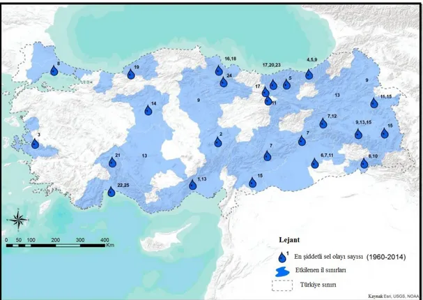 Şekil 2.12. 1960-2014 yılları arasında Türkiye’de görülen en şiddetli sel  olayları (Koç ve Thieken, 2016) 