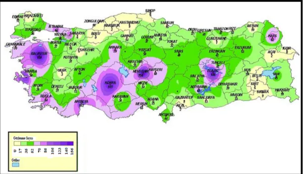 Şekil 2.24. 1940-2010 yılları arasında Türkiye’de gözlemlenen fırtına  afetlerinin illere göre dağılımı (MGM, 2016b) 