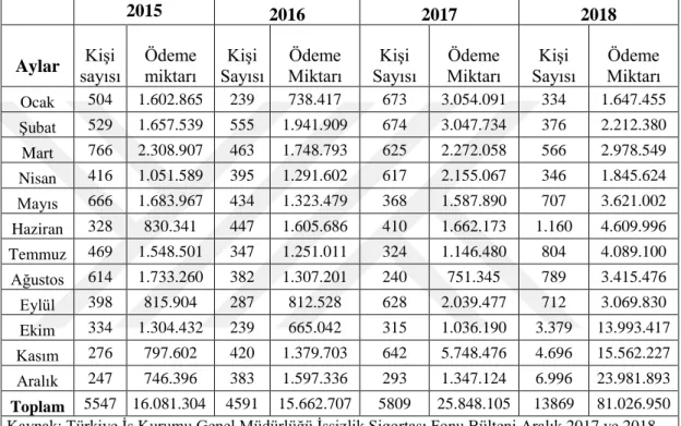 Tablo 3.4. Türkiye’de 2015-2018 yılları arası ücret garanti fonu kullanan kişi sayısı  ve ödeme miktarları (TL)