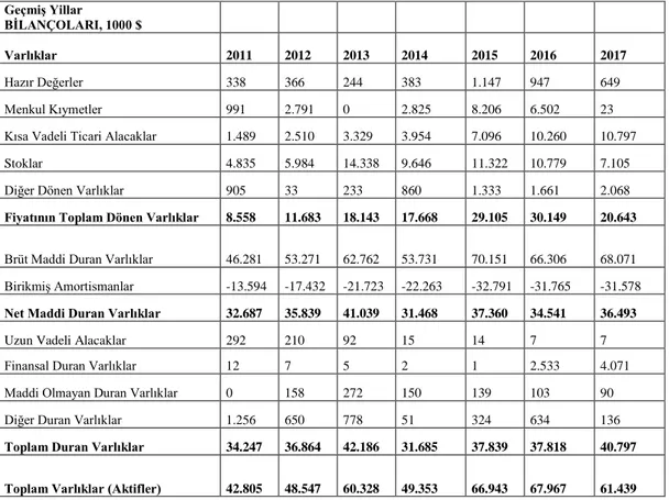 Tablo 2.1. Geçmiş Yillar BİLANÇOLARI, 1000 $  Geçmiş Yillar   