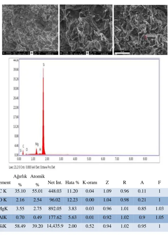 Şekil 4.8. 400°C’de  1  dakika  boyunca  sinterlenen   Mg-Al - % 5 SiC numunesinin  kırılma   yüzeyi ve EDS analizi 