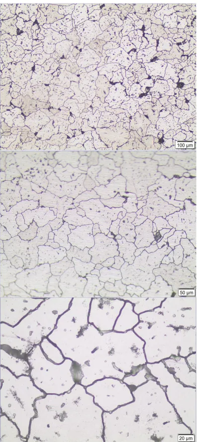 Şekil 9.7. Üç numaralı numunenin T6 sonrası mikroyapısının optik mikroskop görüntüleri;  aşağıdan yukarı 10x, 20x, 50x 