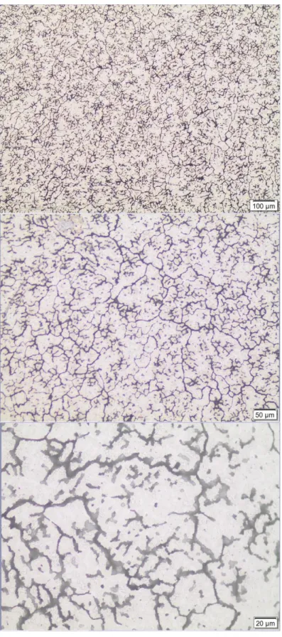 Şekil 9.5. İki numaralı numunenin T6 sonrası mikroyapısının optik mikroskop görüntüleri;  aşağıdan yukarı 10x, 20x, 50x 