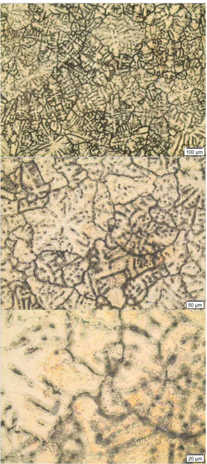 Şekil  9.6.  Üç  numaralı  numunenin  döküm  sonrası  mikroyapısının  optik  mikroskop  görüntüleri; aşağıdan yukarı 10x, 20x, 50x 