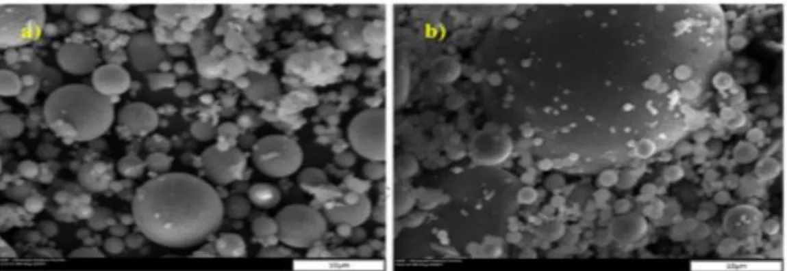 Şekil 3.6. Uçucu küllerin SEM görüntüleri; a) F sınıfı uçucu kül b) C sınıfı uçucu kül                    (Khoshnoud vd., 2014) 