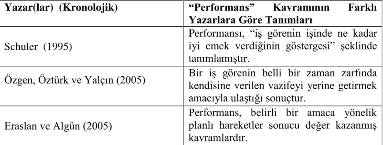 Tablo 2.3. Farklı Yazarlara Göre Performans Tanımları 