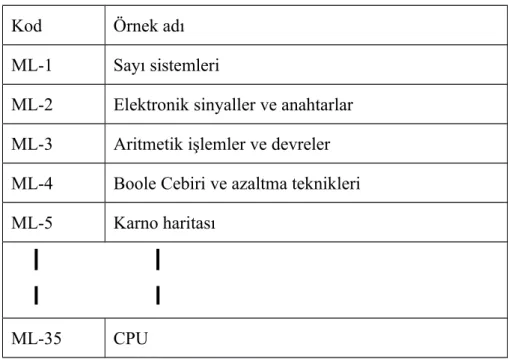 Tablo 1.2. Mikro içerikler ve kodlar