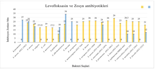 Şekil 4. 1. Levofloksasin ve Zosyn'in kullanılan bakterilere karşı antimikrobiyal etkinlikleri
