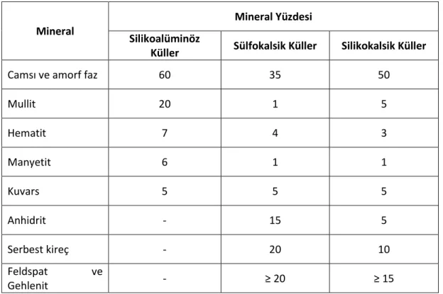 Tablo 2.1. Uçucu küllerin mineralojik bileşimleri (Tokyay ve Erdoğdu, 1998) 