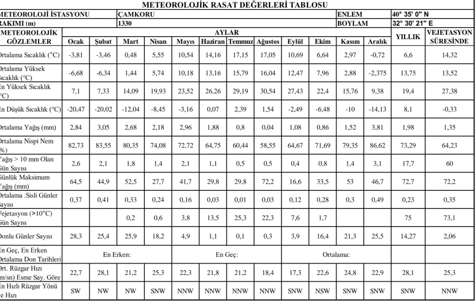 Tablo 3.2. Meteorolojik rasat değerleri tablosu