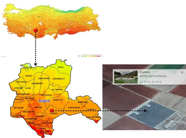 Şekil 4.1. KRMN-SNAPS 1.6 MW PV güç santralinin coğrafi konumu ve hava daı  görünümü 